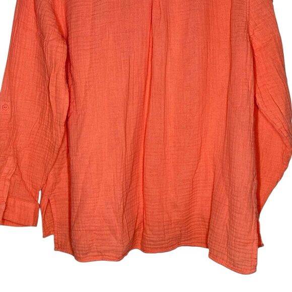 Chico's Orange Long Sleeve Button Up Shirt Roll Tab Sleeve 100% Cotton - Picture 6 of 11